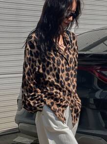 DAZY 女士豹纹长袖宽松休闲衬衫，春秋装，秋季女装 - 棕色 - 查看 8