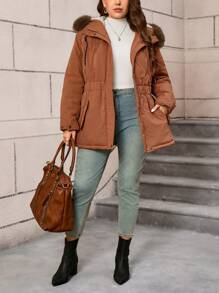 SHEIN LUNE Plus Size Damski zimowy płaszcz z kapturem i ściągaczem w pasie Patchwork Puszysty ocieplany - Brązowy mocha - Zobacz 6