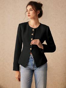 Poéselle Women's Solid Color Front Button Round Neck Split Cuff Regular Jacket In Fall/Winter - Black - View 2