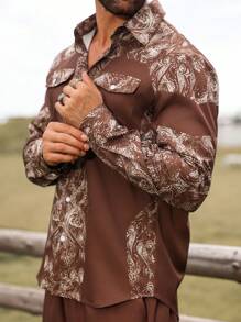 Manfinity RSRT 2pcs Men's Front Button Long Sleeve Printed Casual Shirt And Trousers Vacation Outfit Set ,Men Two Pieces Outfits ,Western Cowboy-Themed Printed Long-Sleeve Shirt And Pants Set In Brown ,Brown Pants