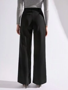 SHEIN Cottnline Women's Solid Color Straight Leg Casual Pants - Black - View 2