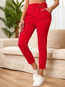 RueChic Solid High Waisted Cropped Suit Trousers - Red - View 3