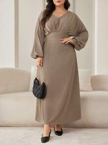 Modelyn Plus Size Casual Waisted Lantern Sleeve Dress For Autumn - Khaki - View 5