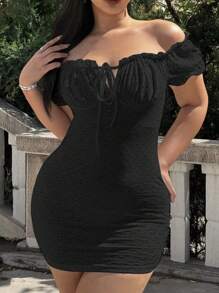 Sunnyshic Plus Size Solid Color Off-Shoulder Dress With Chest Pleats, Knitting Jacquard Fabric, Summer Vacation Beach Outfits Women