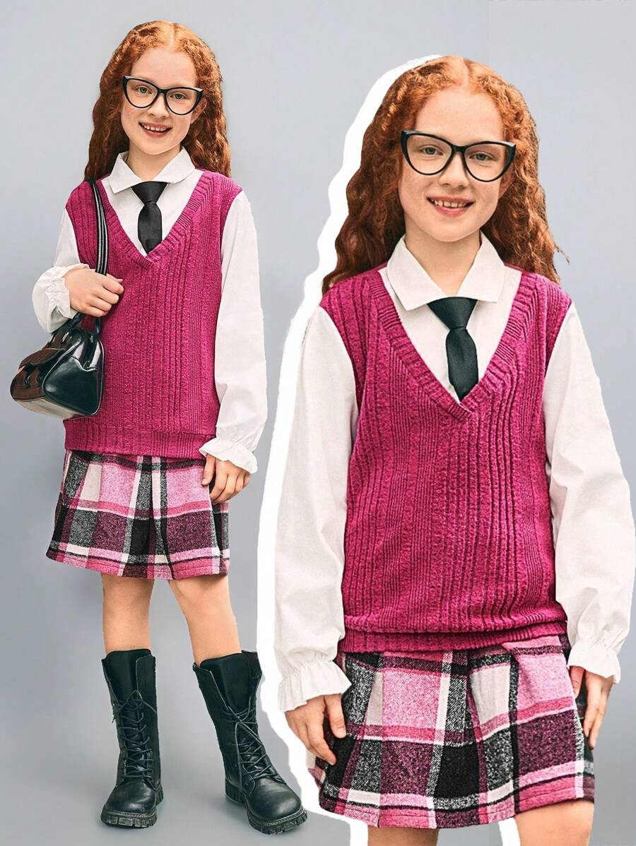 SHEIN 2pcs Tween Girls Preppy Commuter Casual Faux-2pcs Knit Vest, Shirt & Plaid Skirt Set - Hot Pink - View 1