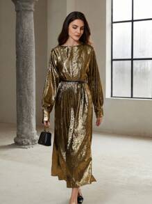 Chiquease Vestido largo con mangas tipo murciélago que ceñe la cintura, de tela y metal elegante y de lujo - Dorado - Ver 6