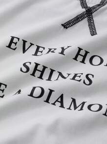 DAZY 女士休闲口号印花撞色圆领插肩袖 T 恤，春/秋 - 黑與白 - 查看 8