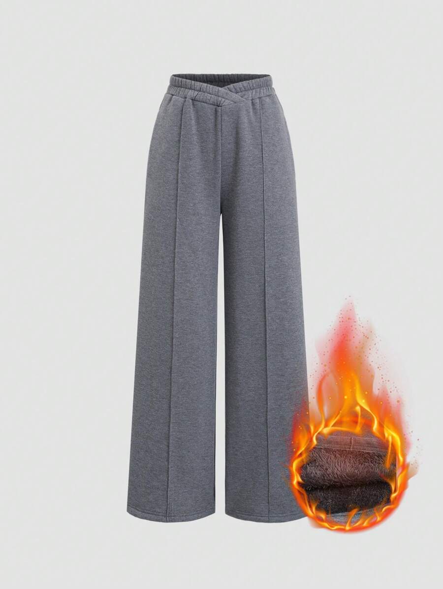 SHEIN Unity Women's Solid Color Asymmetrical Waist Casual Thermal Lined Sweatpants - Grey - View 1