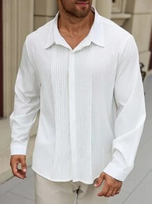 Manfinity Homme Áo sơ mi nam tay dài trơn cỡ lớn cài nút đơn giản, dùng khi đi chơi - trắng - Xem 3