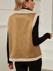 SHEIN LUNE Áo khoác vest vải chắp vá hai túi đơn giản cho nữ, mùa thu - màu nâu - Xem 2