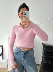 RueChic Kvinna Shabby Garn Polo Neck Normal Fit Söt stil tröja - Dammrosa - Visa 6