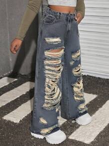 SHEIN Celana Jeans Longgar Model Lebar Berwarna Biru Vintage dengan Efek Sobek untuk Remaja Perempuan - Medium Wash - View 3
