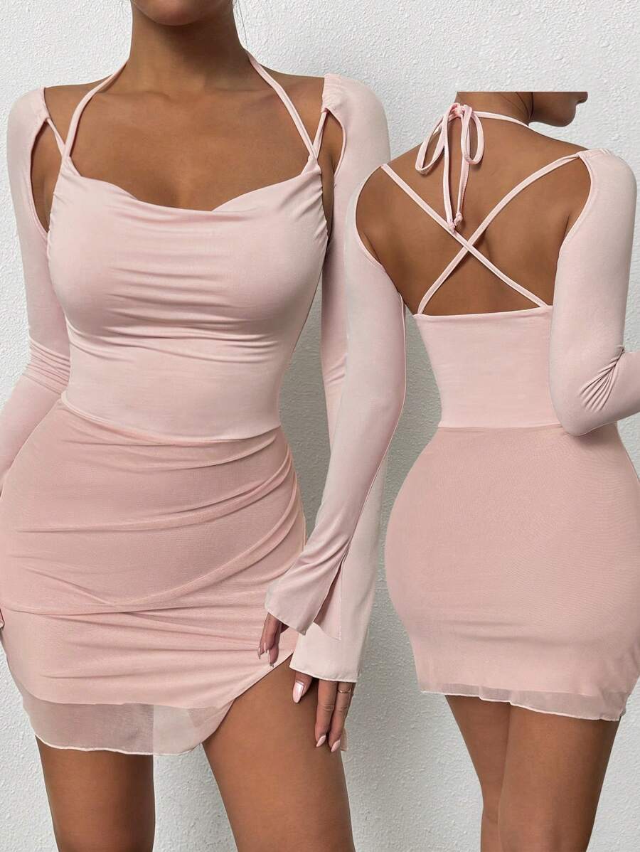 SHEIN Unity Halter Tie Open Slit Sexy Mini Dress ,Pink Mini Dress,Bodycon Dress,Pink Long Sleeve Dress - Baby Pink - View 1