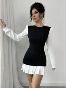 Rafferiza Váy xếp ly cổ tròn ngắn bó sát thời trang thu đông - màu đen - Xem 5