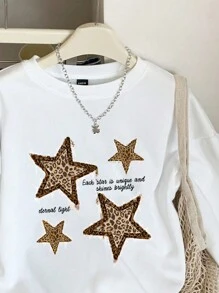 SHEIN EZwear 女士休闲简约豹纹和星星图案宽松长袖运动衫，秋冬 - 白色 - 查看 4