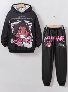 2pcs Teenage Boys Casual Plaid Print Hoodie Sweatshirt And Lounge Pants Set - Black - View 1