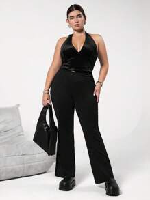 SHEIN EZwear 大码天鹅绒深 V 领细肩带派对上衣，秋冬款 - 黑色 - 查看 5