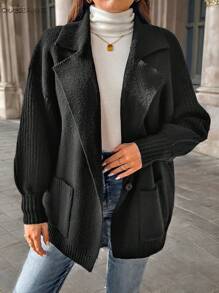 Calvaya Áo len cardigan tay đèn lồng màu đen cỡ lớn, thu đông - màu đen - Xem 5