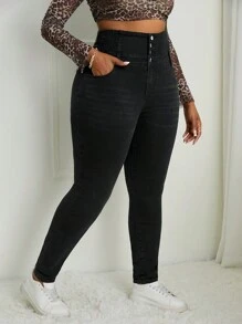SHEIN SXY Plus Size Casual Distressed High Waisted Slim Fit Jeans - Black - View 3
