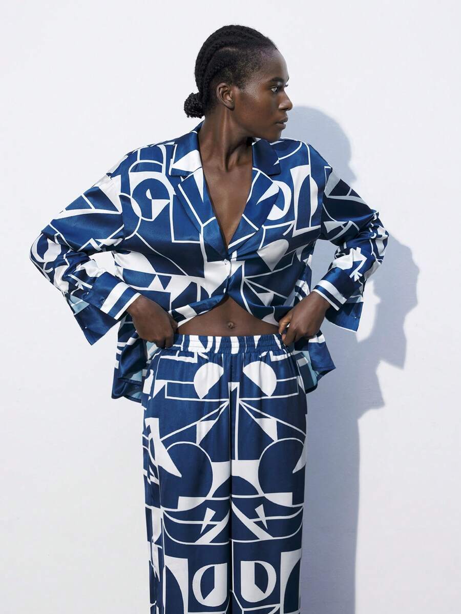 Maija Women's Geometric Print Oversized Loose Casual Blouse With Dropped Shoulders, Spring/Fall - Navy Blue - View 1