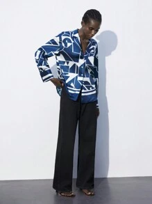 Maija Women's Geometric Print Oversized Loose Casual Blouse With Dropped Shoulders, Spring/Fall - Navy Blue - View 3