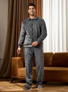 Bộ đồ ngủ 2 món áo sơ mi dài tay cài nút phía trước màu trơn cho nam và quần dài - Màu xám đen - Xem 3