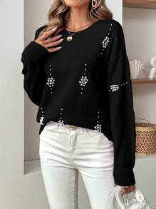 SHEIN LUNE 休闲柔软珍珠镶嵌女士毛衣，长袖针织套头衫，秋冬款 - 黑色 - 查看 6