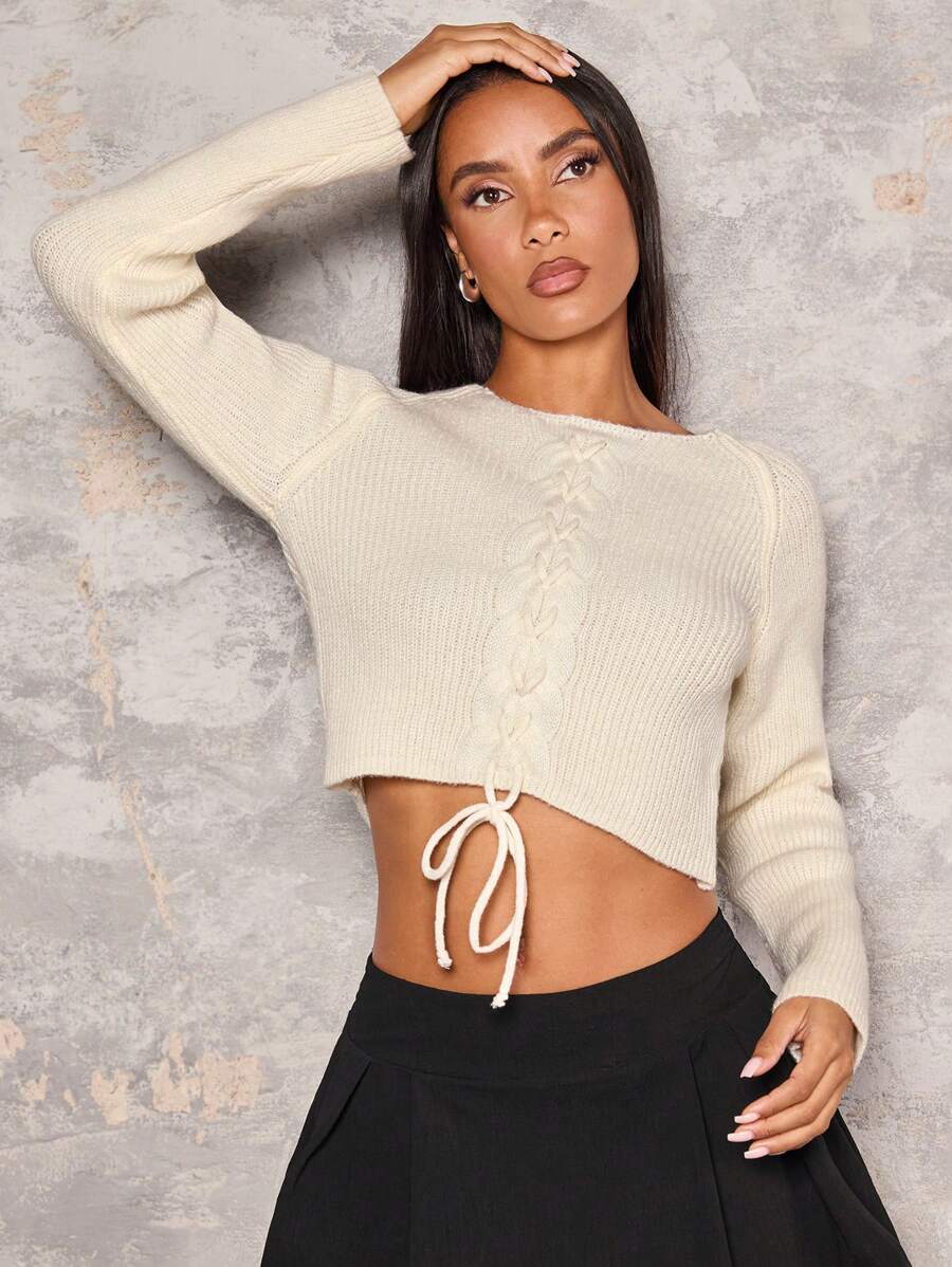 SHEIN Unity 女士纯色圆领长袖系带针织套头衫,秋冬款 - 米色 - 查看 1