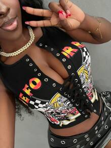 Slaydiva Áo Crop Top bó sát có dây chéo và họa tiết hoa - màu đen - Xem 7