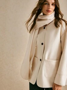 Poéselle Women's Solid Color Front Button Long Sleeve Basic Overcoat, Casual Daily Wear