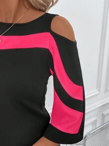 SHEIN Clasi 2pcs Women Black & White Color Block Off Shoulder Elegant Blouse Suit For Work - Hot Pink - View 4