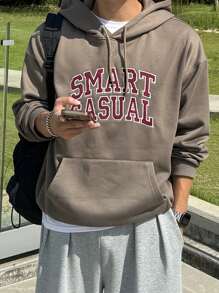 DAZY Men's Letter Print Pullover Sweatshirt, Autumn Hoodie - Brown - View 2