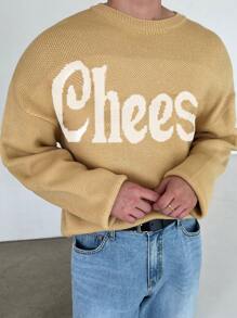 DAZY Men's Letter Print Round Neck Drop Shoulder Casual Knitted Sweater, Autumn - Yellow - View 8