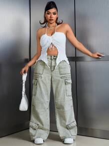 SHEIN ICON Plus Size Washed Wide-Leg Cargo Denim Boyfriend Jeans - Green - View 3