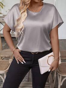 EMERY ROSE Camisa casual sencilla de talla grande, cuello redondo, manga corta, unicolor - Púrpura polvoriento - Ver 6