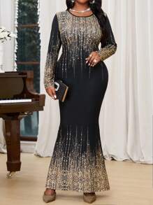 SHEIN Lady Spring And SummerAutumn And Winter Elegant Black  Knitted Mermaid Long  Long Sleeve Plus Size Dresses