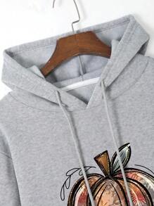 Pumpkin Print Kangaroo Pocket Drawstring Thermal Hoodie - Light Grey - View 6
