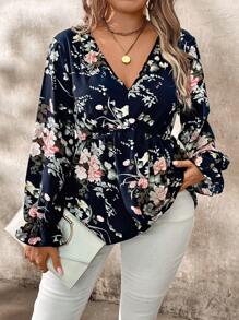 EMERY ROSE Camisa de talla grande con estampado floral todo sobre para otoño, top con volante