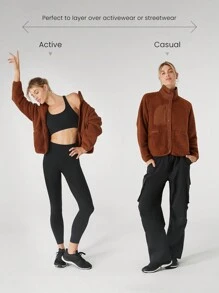 GLOWMODE 舒适厚实摇粒绒柔软保暖宽松弹力下摆夹克带多个口袋日常休闲冬季 - 鏽棕色 - 查看 2