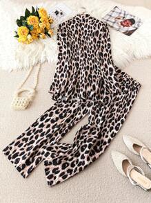 SHEIN Clasi Plus Size Leopard Print Shawl Neck Jacket And Pants Set, Autumn - Multicolor - View 2
