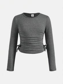 SHEIN 2pcs Tween Girls Casual Crew Neck Ruched Long Sleeve Fitted Knit Top & Flared Pants Set - Dark Grey - View 4