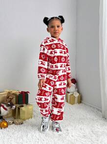 SHEIN Explorewe Bộ quần áo nỉ và tai nhung Giáng sinh thường ngày cho bé gái & bé gái, trang phục Giáng sinh bằng vải nỉ mềm mại, thích hợp để mặc hàng ngày, kết hợp với áo khoác, áo khoác và áo lông vũ - Đỏ và trắng - Xem 8
