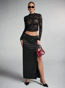 SHEIN BAE Women's Black Lace Glitter Decor Sheer See-Through Long Sleeve Tight Blouse For Dates, Halloween, Party, Clubbing