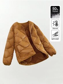 SHEIN SXY 女士纯色拉链长袖羽绒夹克，冬季 - 棕色 - 查看 2