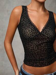 SHEIN BAE Women's Casual V-Neck Sleeveless Top With Leopard Pattern, Shell Trim & Flocked Printing - For Spring & Fall - Black - View 3