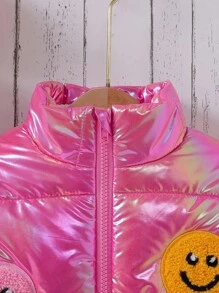 SHEIN 1pc Young Girls Casual Cute Pink Stitched Holographic Patch Zipper Coat Winter Warm - Pink - View 5