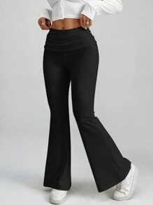 SHEIN PETITE 白色 Y2k 纯色褶皱喇叭裤 喇叭紧身裤