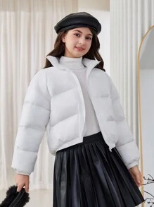 SHEIN Leap Crew Áo khoác đệm ngắn rộng rãi, cổ đứng dệt trơn dày dặn cho bé gái tuổi mới lớn - trắng - Xem 1