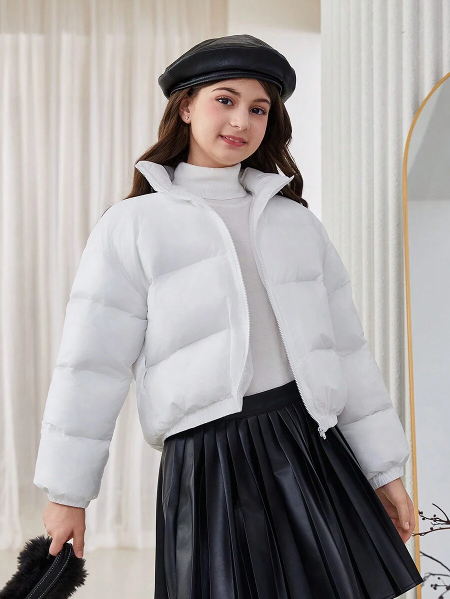 SHEIN Leap Crew Áo khoác đệm ngắn rộng rãi, cổ đứng dệt trơn dày dặn cho bé gái tuổi mới lớn - trắng - Xem 1