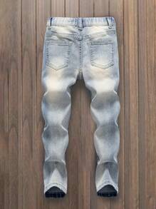 SHEIN Young Boy 中号水洗蓝色复古刺绣弹力牛仔裤 - 中等水洗藍 - 查看 2